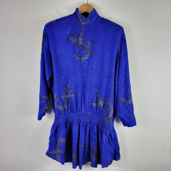 Vintage 90s Nicole Miller Silk Jacquard Alligator Crocodile Peplum Blouse - Picture 2 of 11